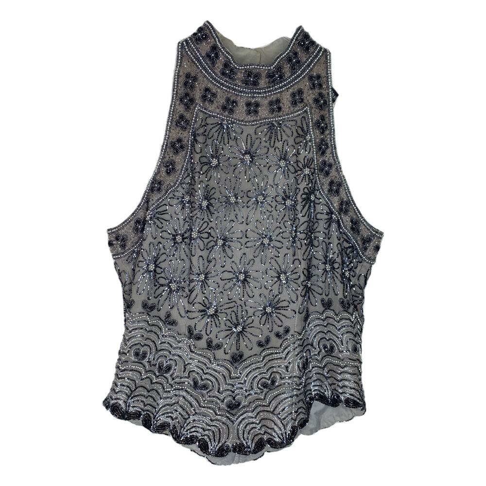 Vintage Papell Boutique Silk Beaded Floral Mock Neck Tank Blouse Large